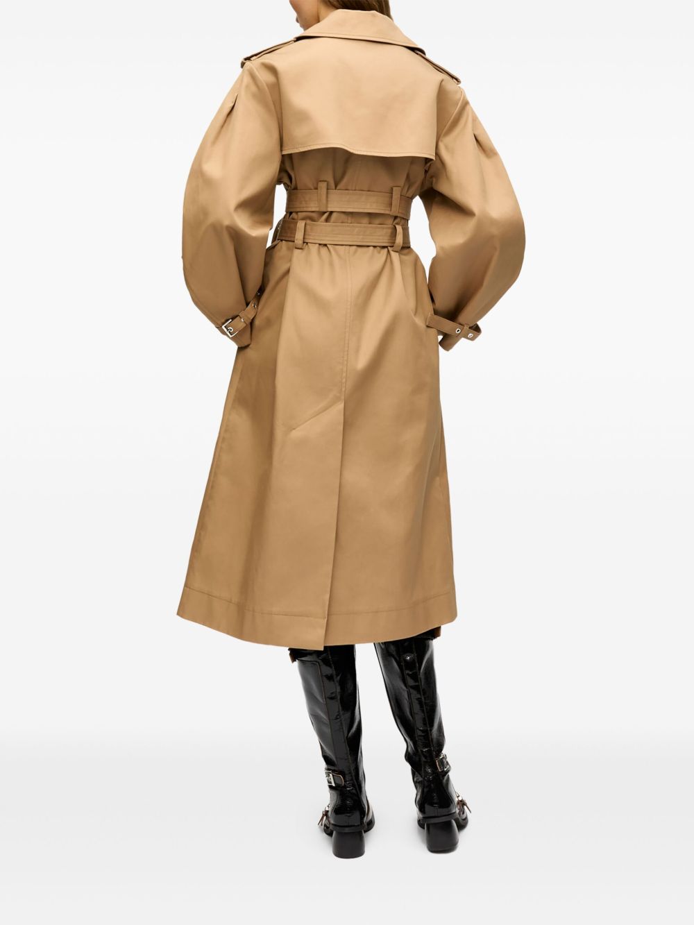 GANNI Trench lungo in cotone beige doppiopetto