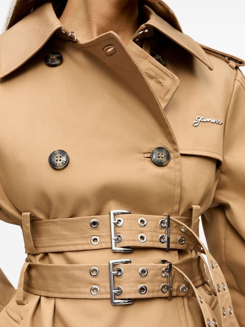 GANNI Trench lungo in cotone beige doppiopetto
