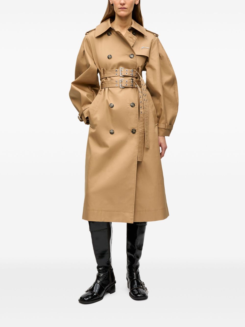 GANNI Trench lungo in cotone beige doppiopetto