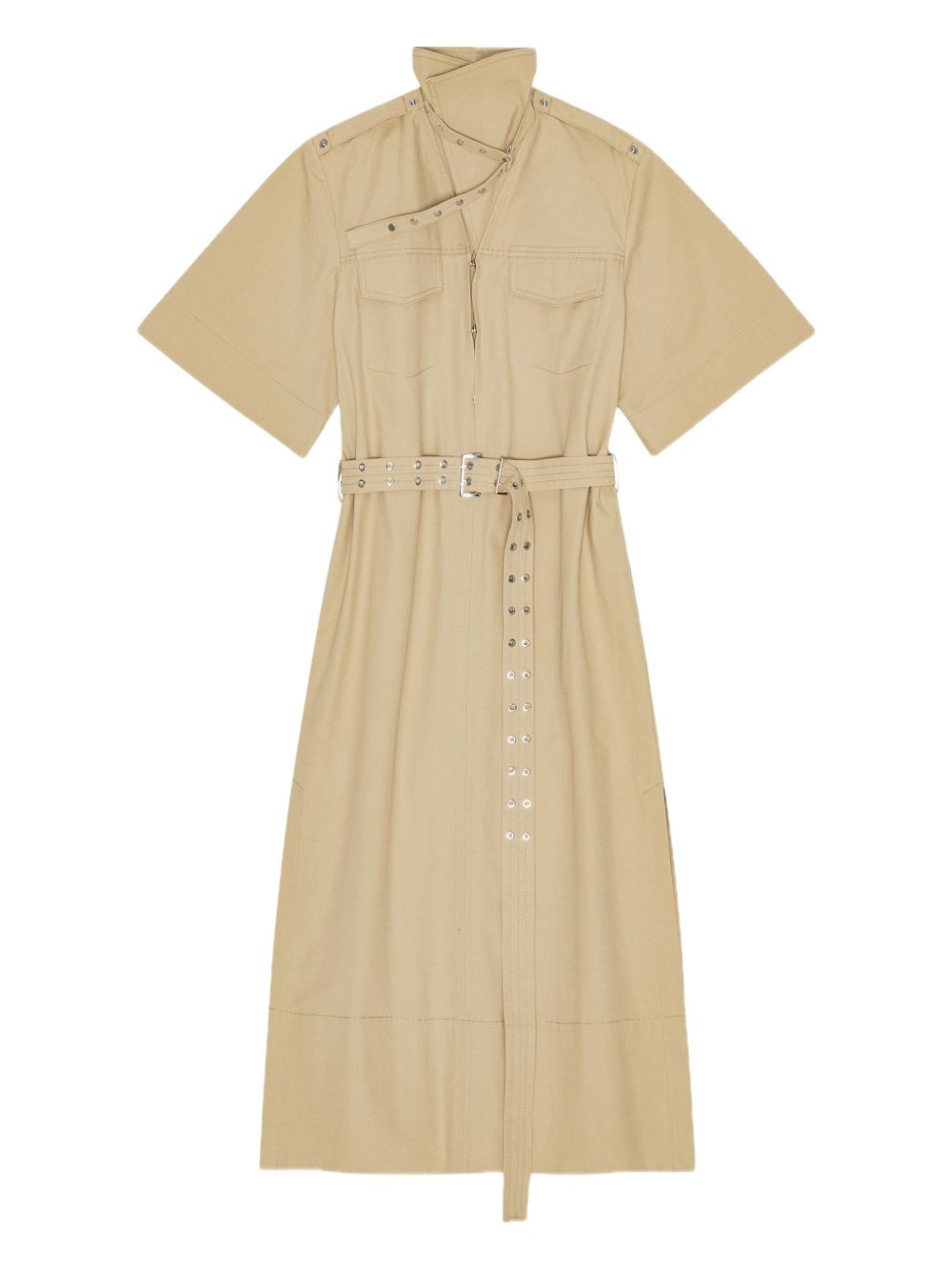 GANNI Abito midi chemisier in cotone misto lino beige
