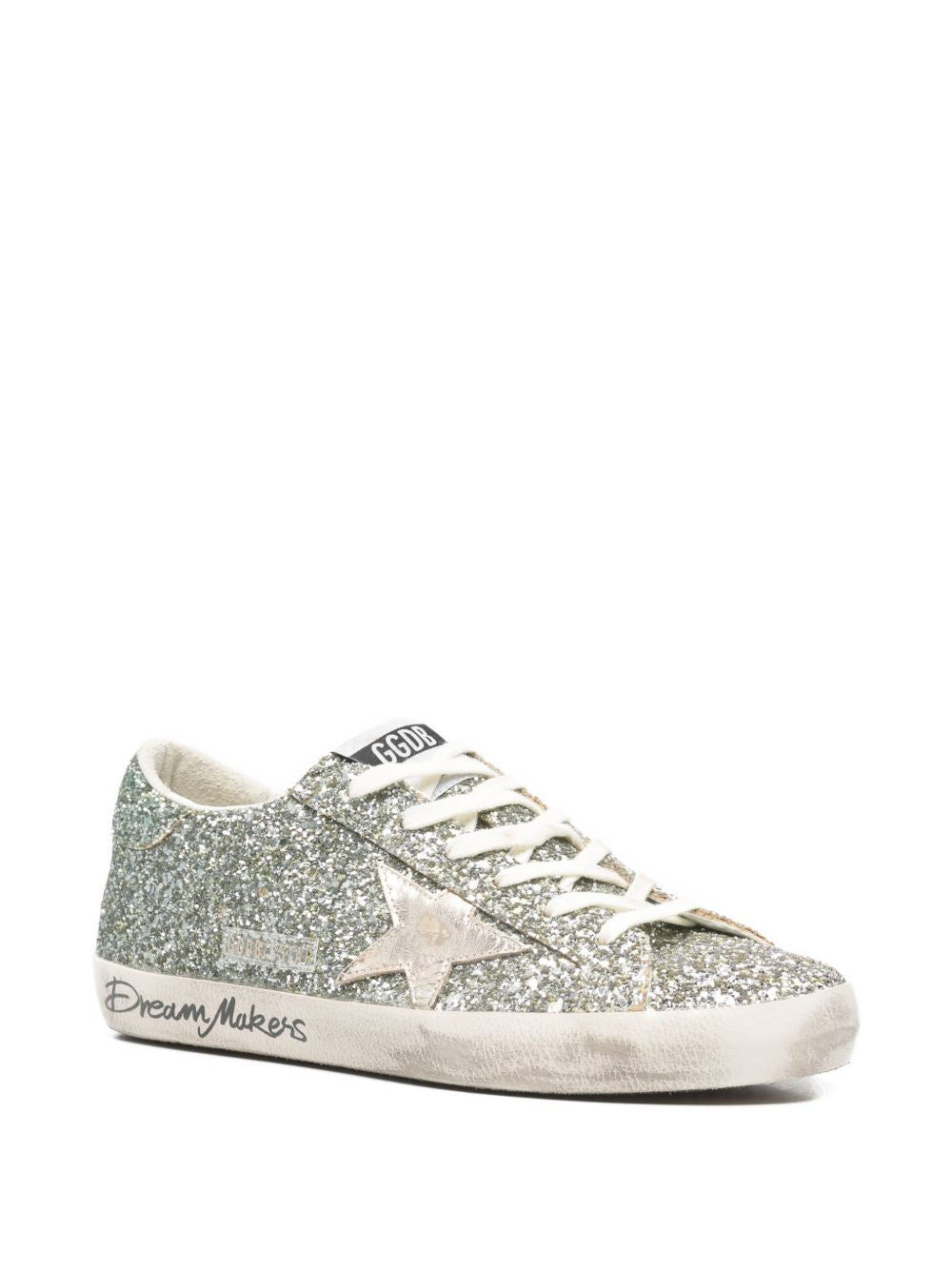 GOLDEN GOOSE Sneakers Super-Star in glitter argento con stella in suede grigio ghiaccio