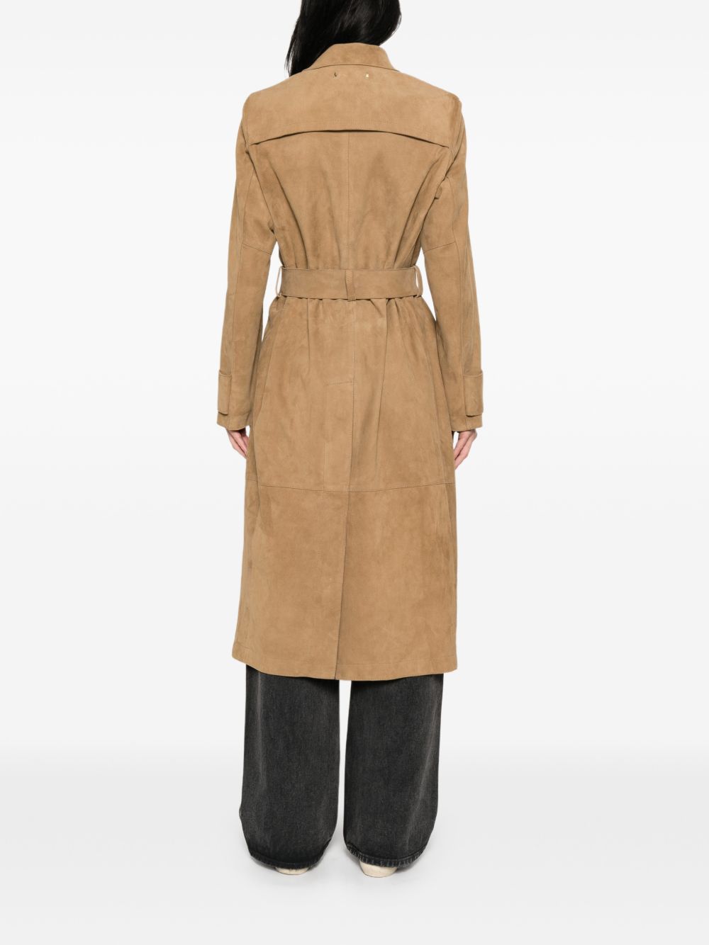 GOLDEN GOOSE Trench lungo in pelle scamosciata beige con cintura