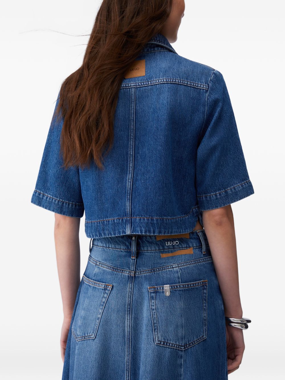 LIUJO Camicia corta in denim blu con maniche over 3/4