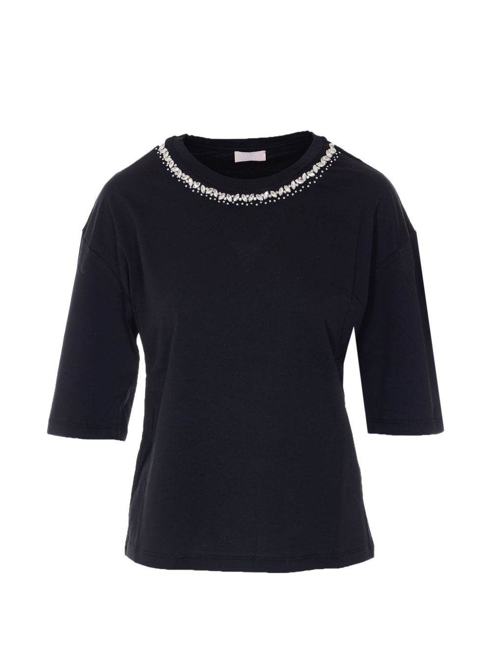 LIUJO T-shirt a maniche corte in cotone nero con decorazione girocollo