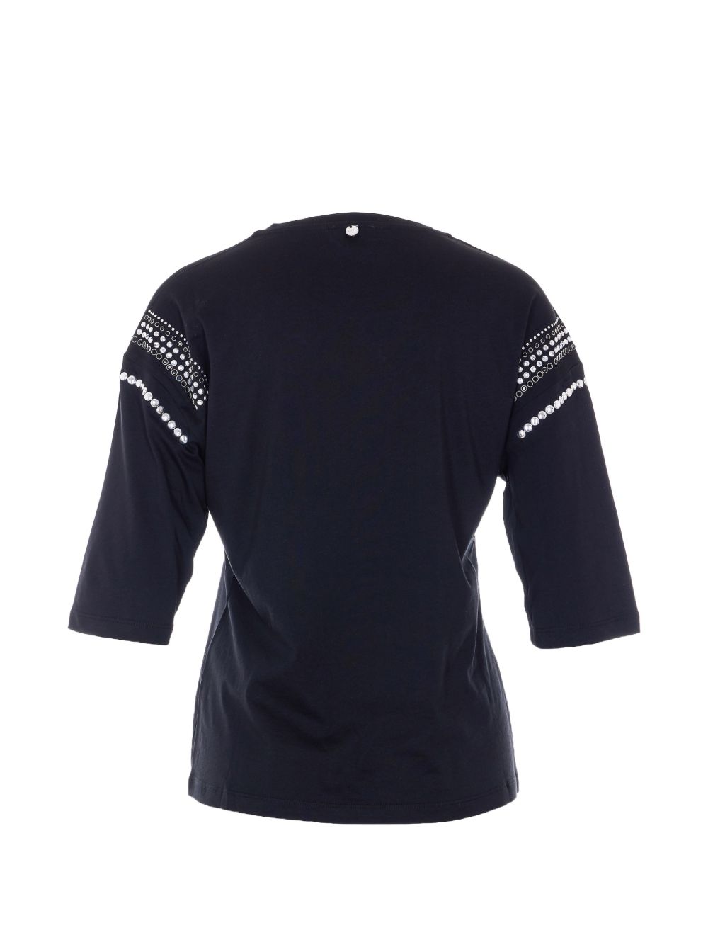 LIUJO T-shirt in cotone nero a maniche corte con decorazioni sulle maniche