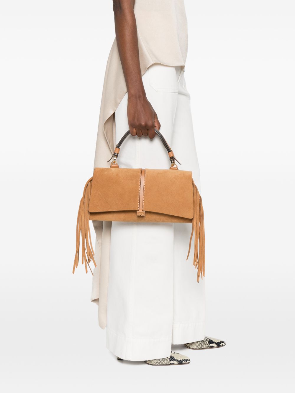 LORISTELLA Borsa Kendal color cammello in suede con frange