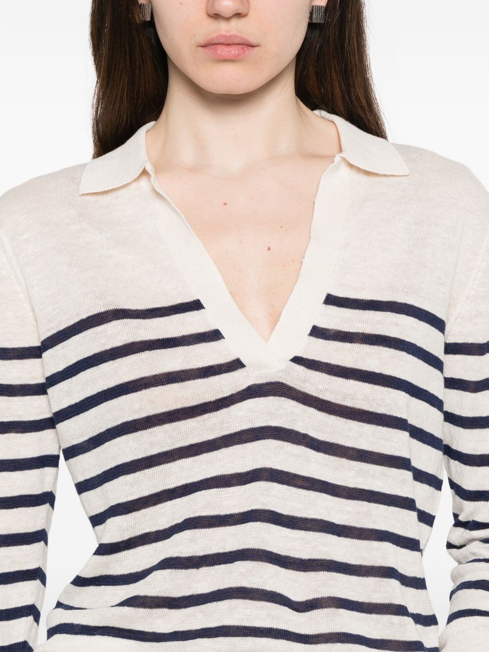MAJESTIC FILATURES Polo a righe con scollo a V blu