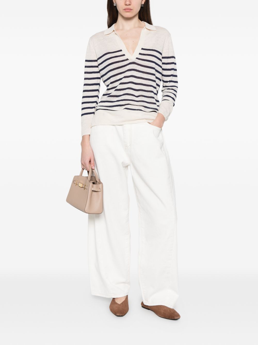 MAJESTIC FILATURES Polo a righe con scollo a V blu