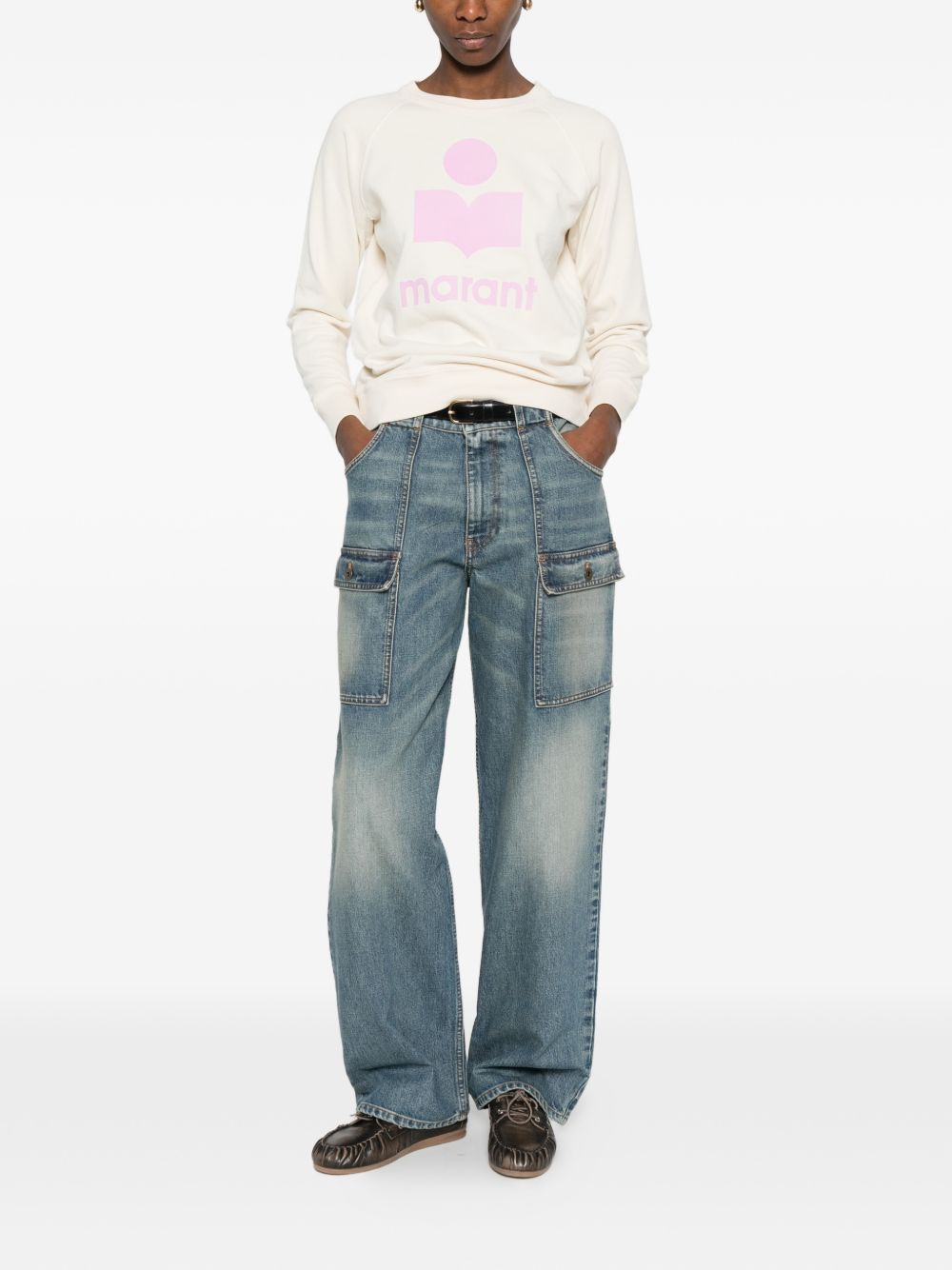 MARANT ETOILE Felpa ecru con logo rosa