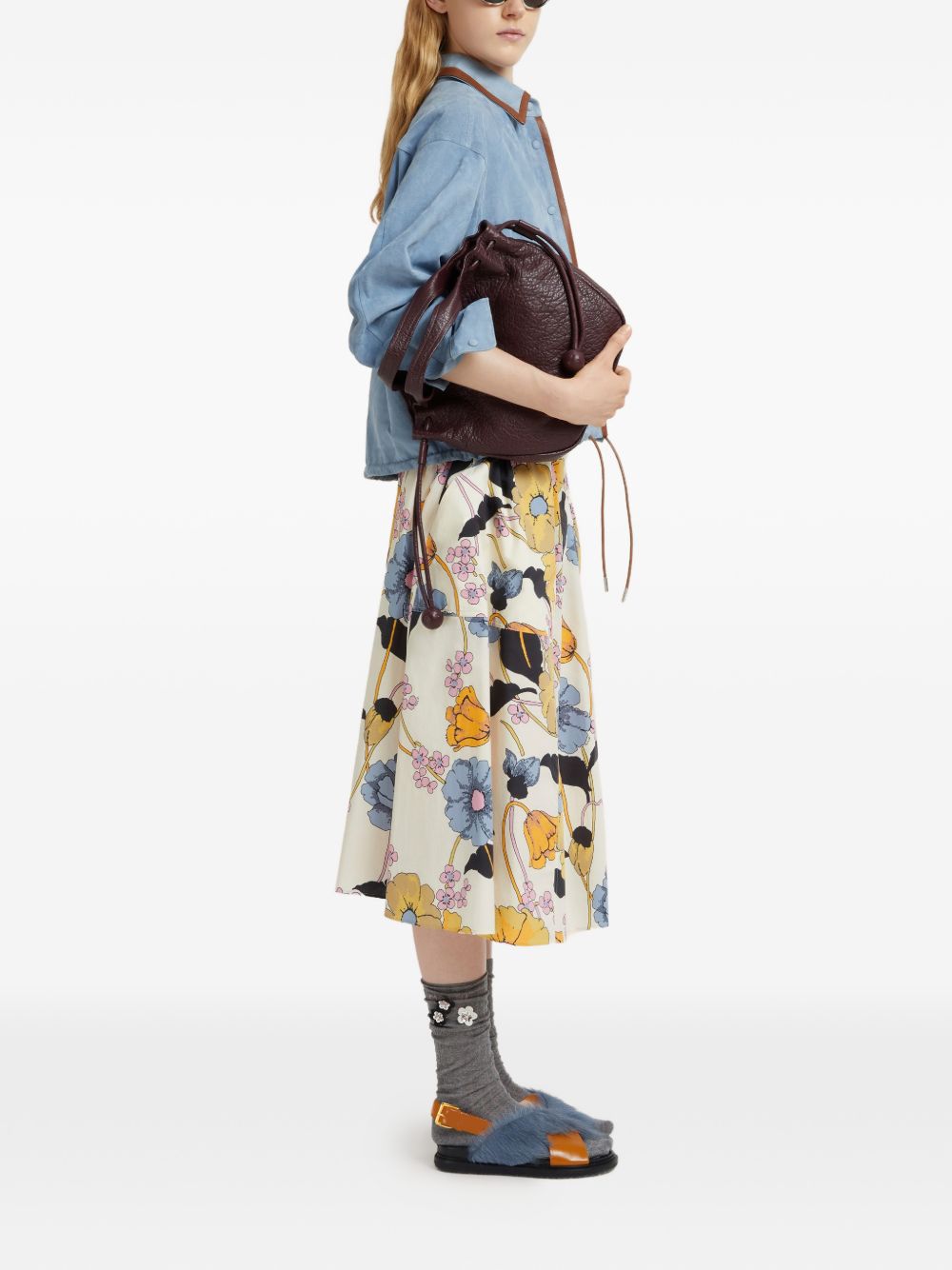 MARNI Gonna midi svasata rosa con stampa floreale