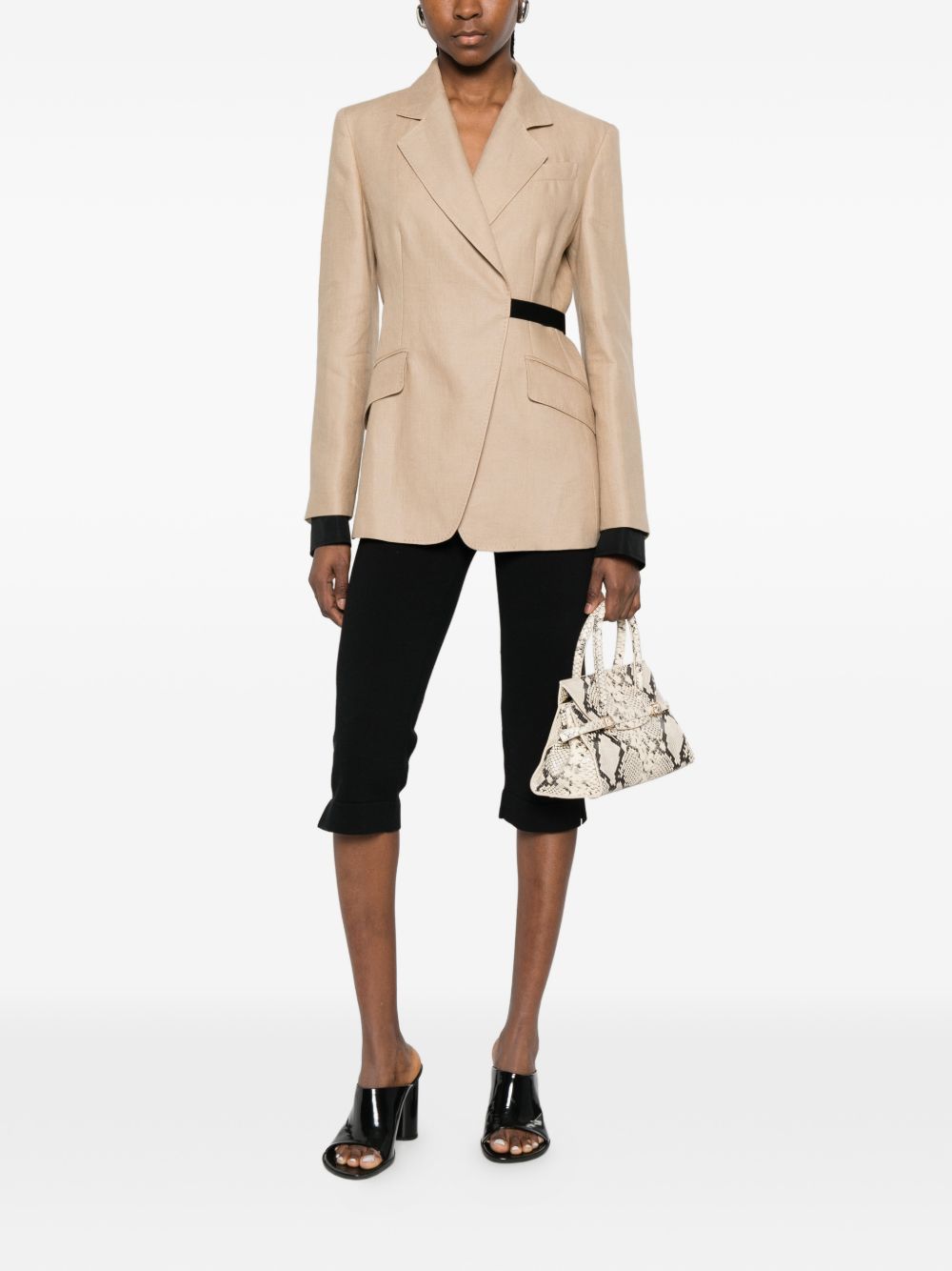 MAX MARA Blazer Sfionda in lino beige con cintura nera