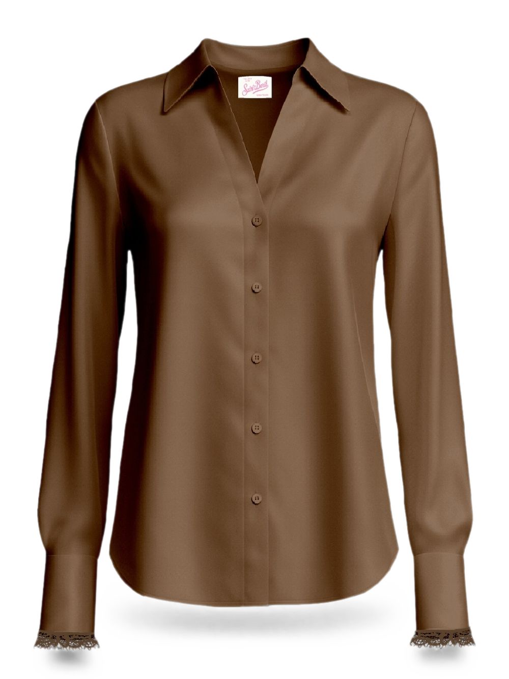 MC2 SAINT BARTH Camicia marrone in seta con dettagli in pizzo
