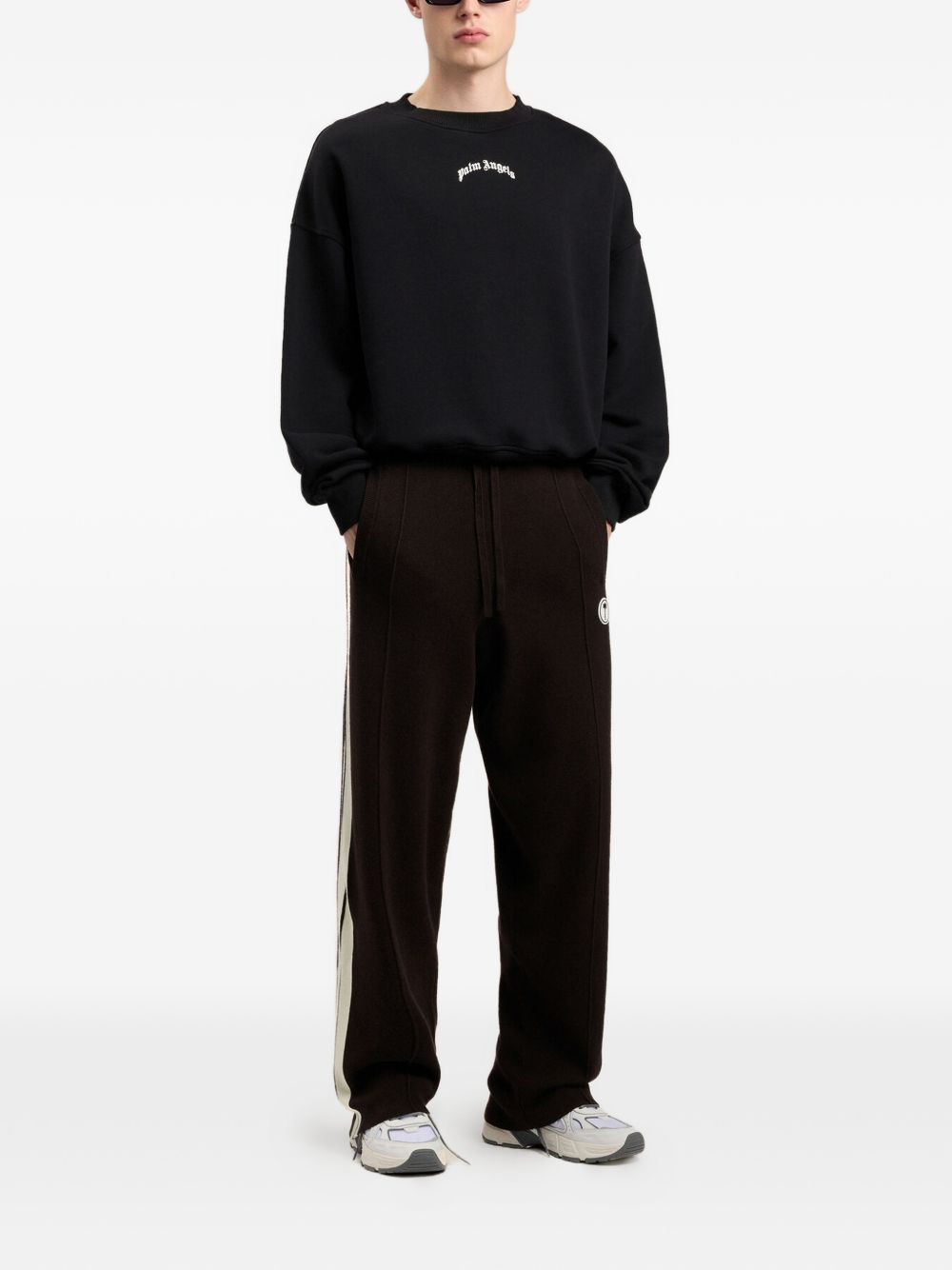 PALM ANGELS Felpa in cotone nero girocollo con logo bianco