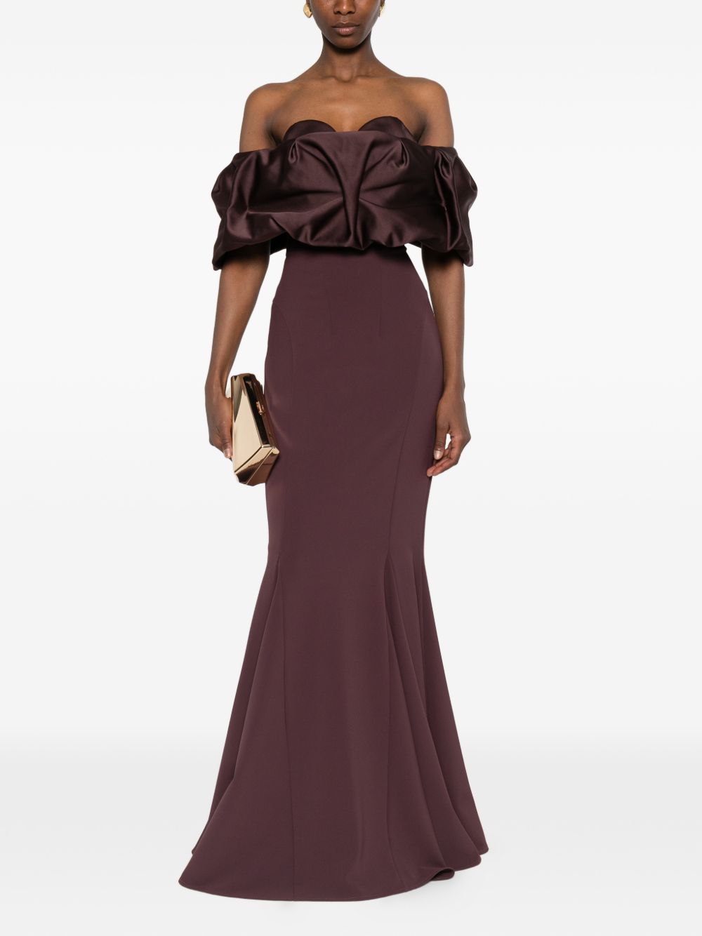 PRONOVIAS Abito lungo bordeaux scuro con spalle scoperte