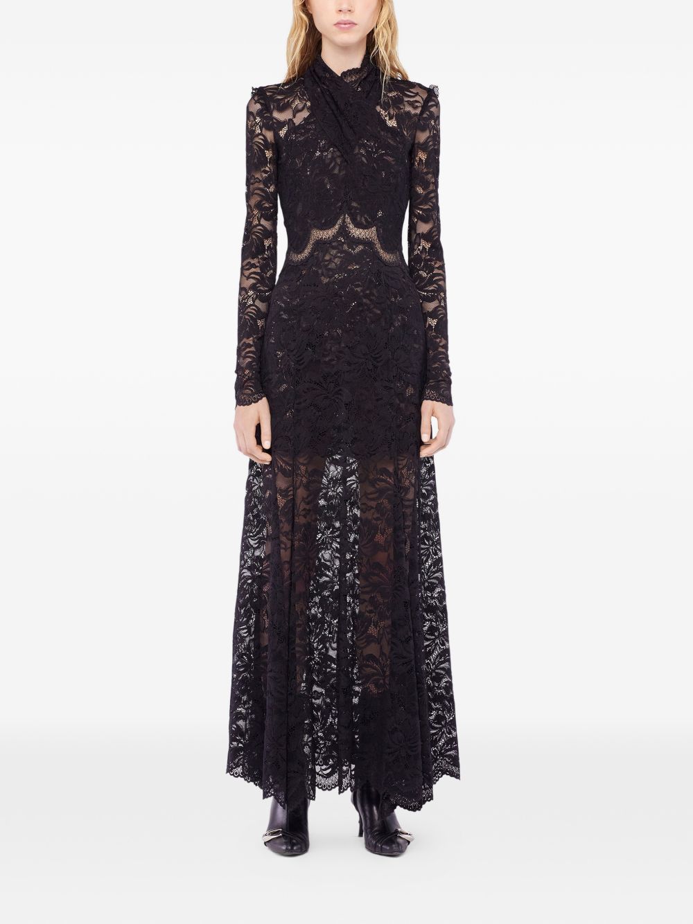 RABANNE Abito lungo nero in pizzo semi trasparente