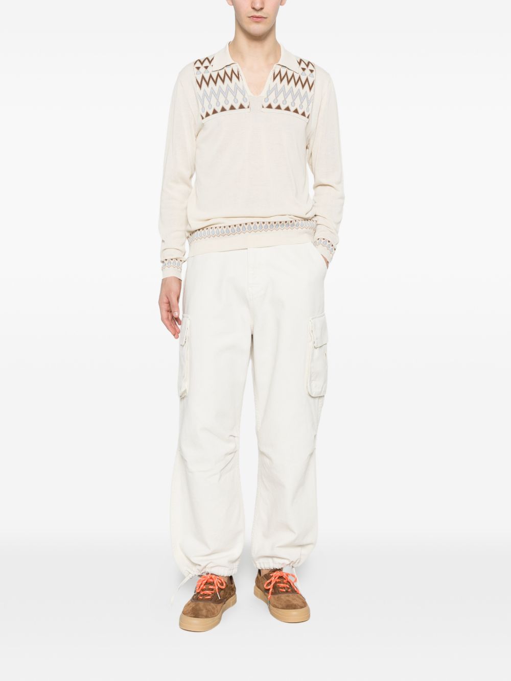 RAKKI Polo in cotone bianco con fantasia a maniche lunghe