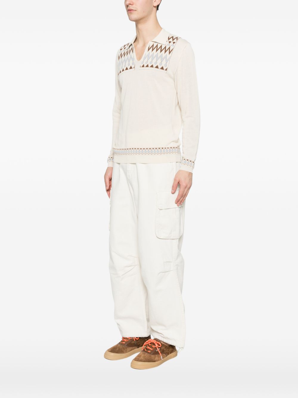 RAKKI Polo in cotone bianco con fantasia a maniche lunghe