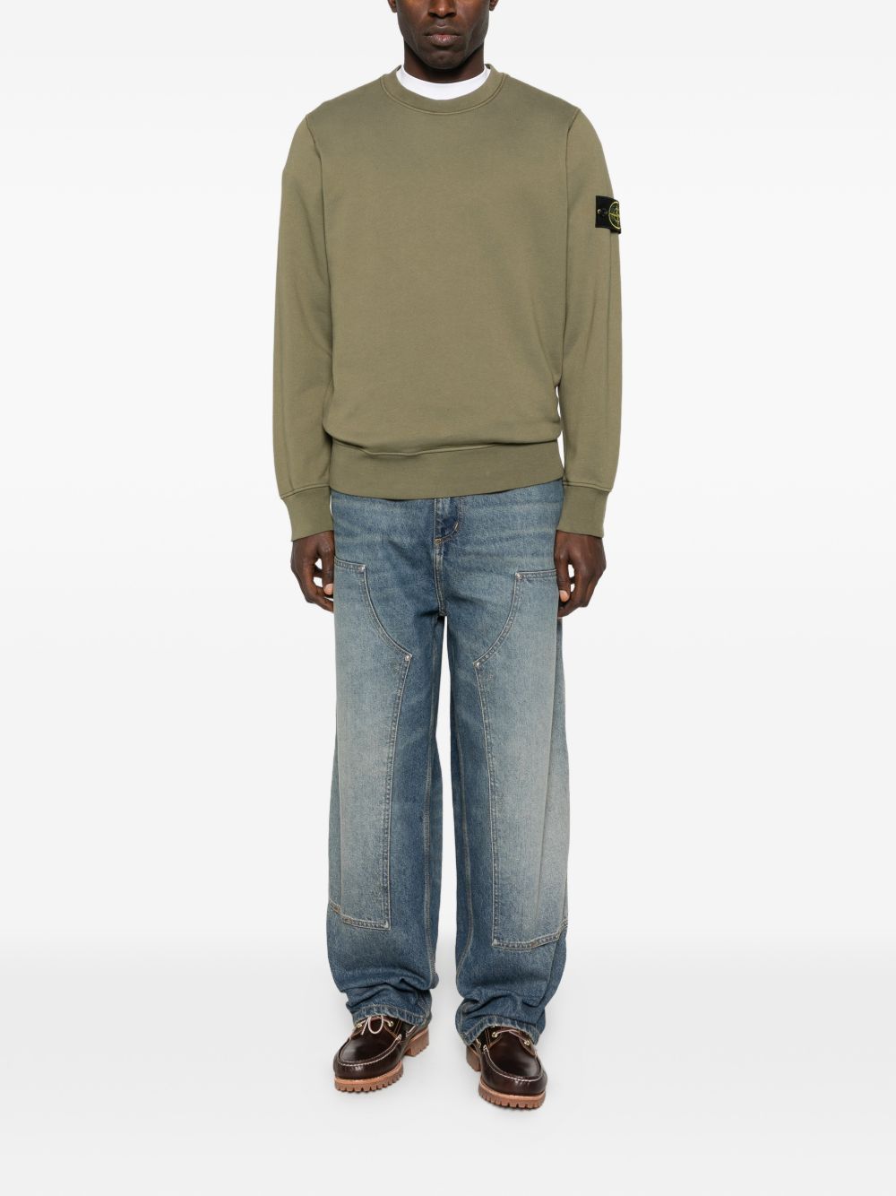STONE ISLAND Felpa in cotone verde girocollo con patch logo