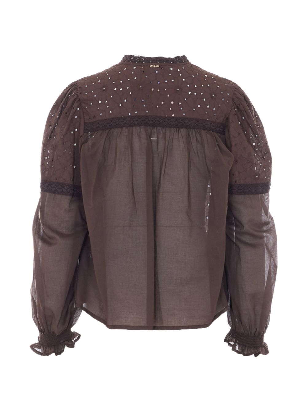TWINSET Blusa in cotone marrone con scollo a V e pizzo sangallo