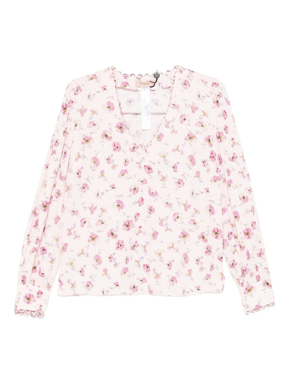 TWINSET Camicia color panna a fiori rossi con scollo a V
