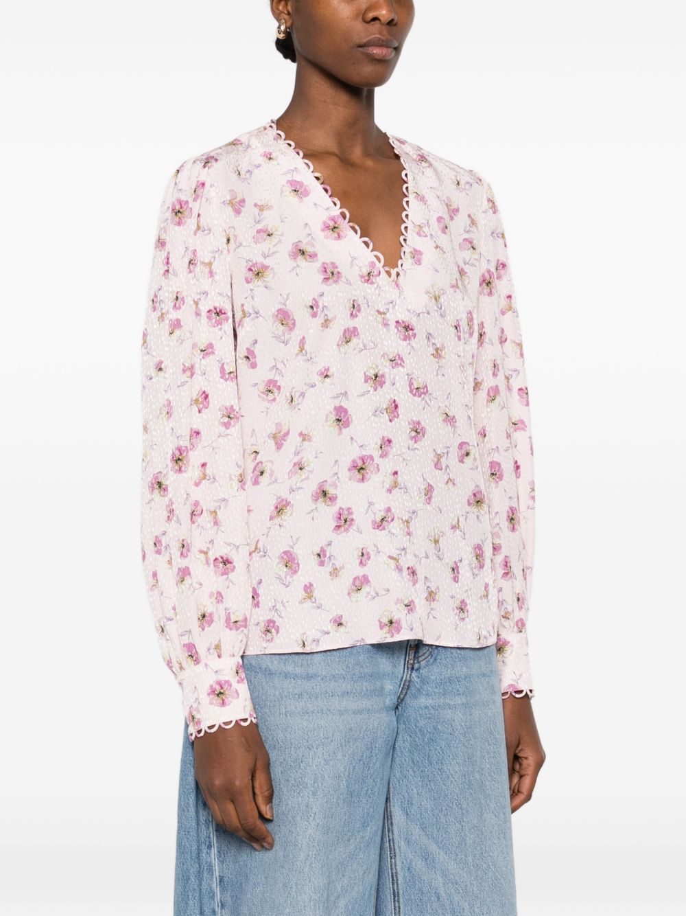 TWINSET Camicia color panna a fiori rossi con scollo a V