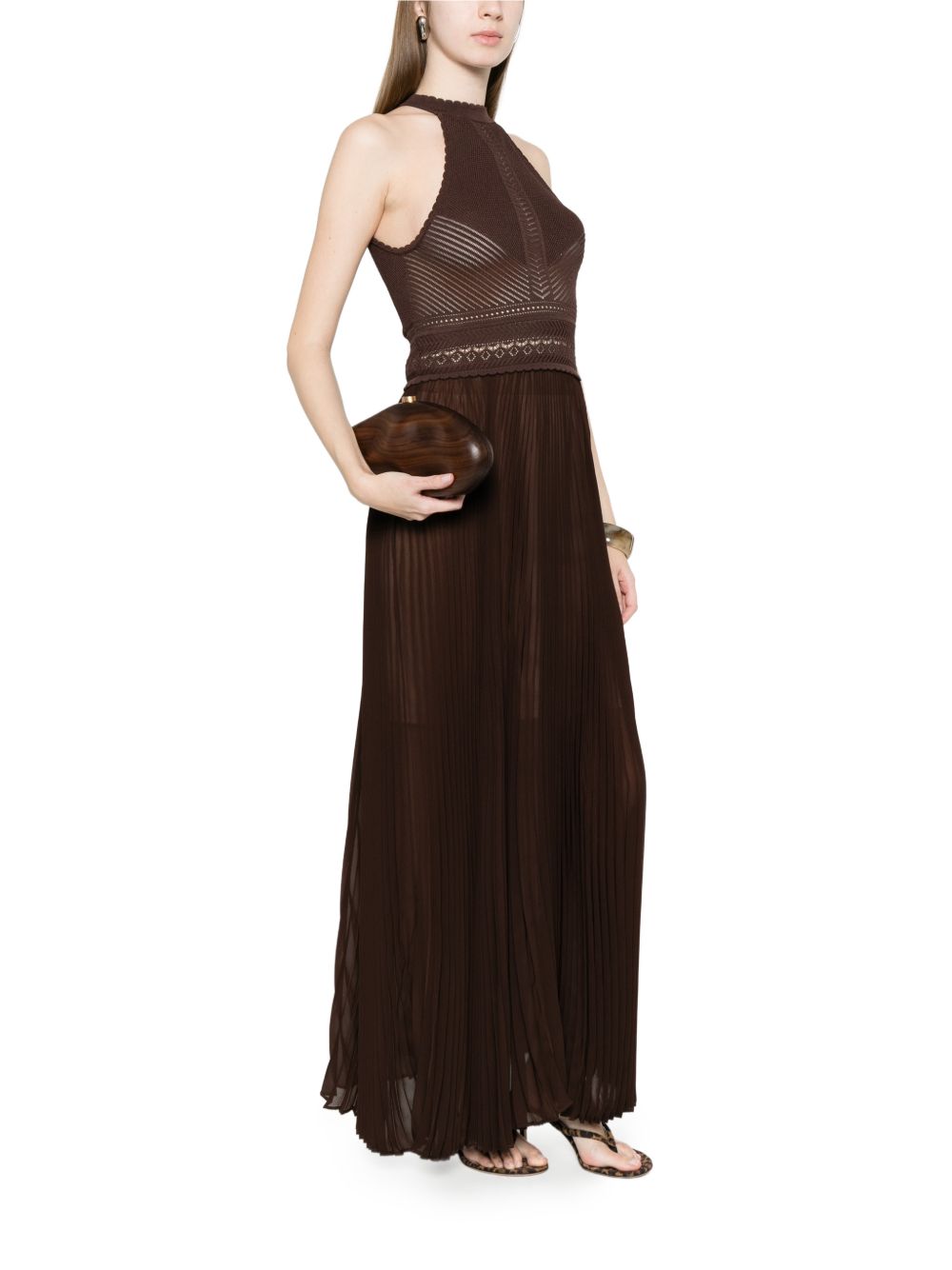 TWINSET Abito lungo marrone con corpetto in crochet