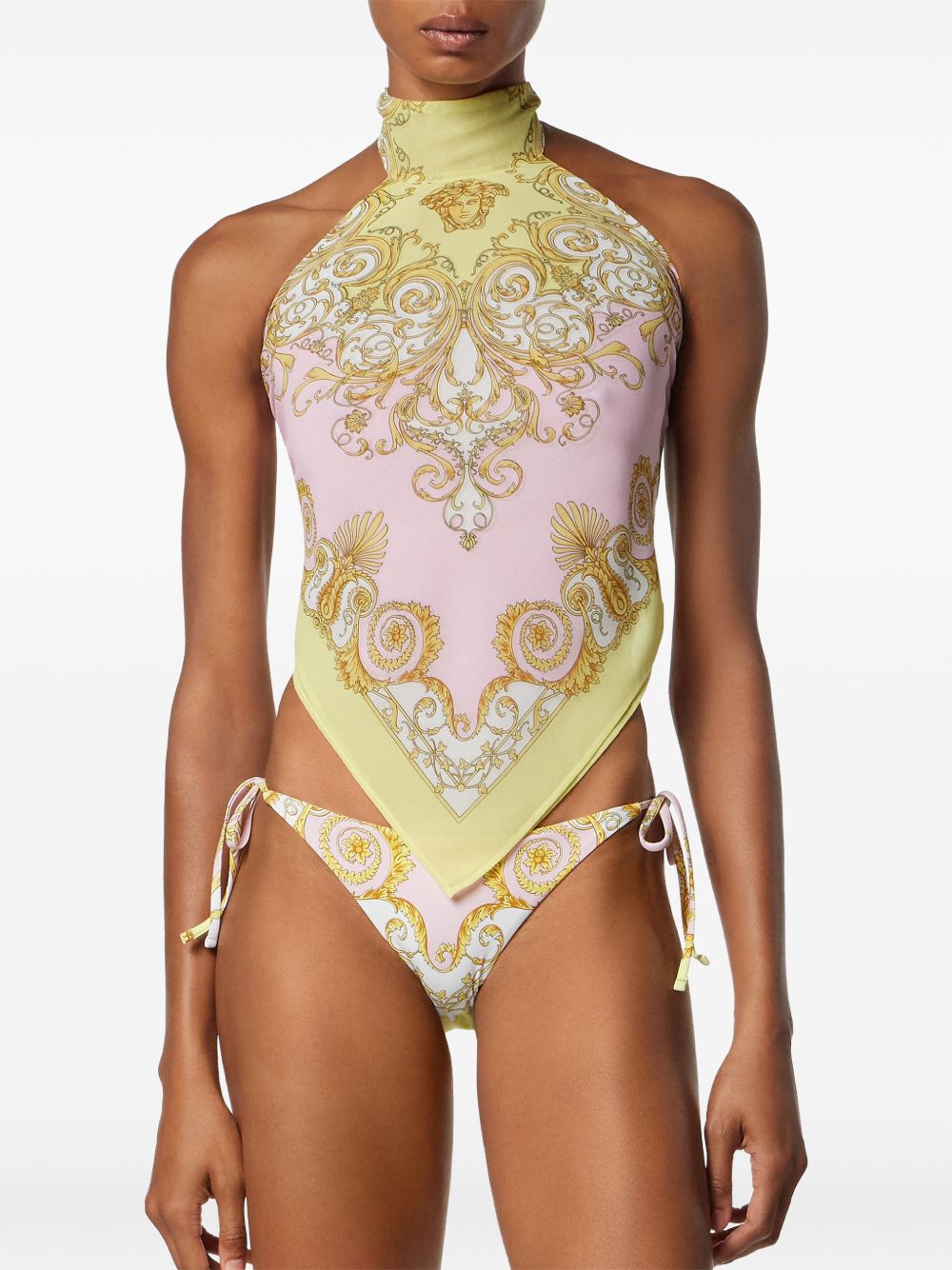 VERSACE Top con stampa Barocco oro e rosa