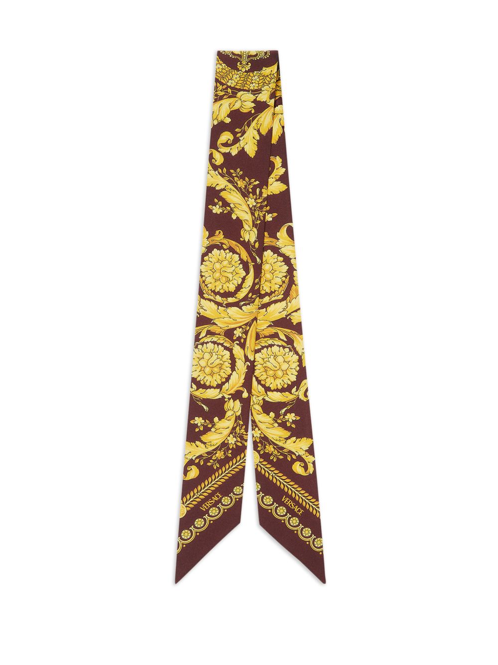 VERSACE Foulard in seta con stampa Barocca bordeaux e oro