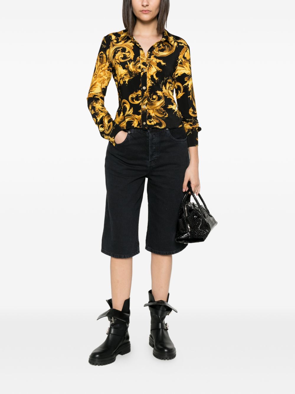 VERSACE JEANS COUTURE Camicia nera con stampa barocca dorata