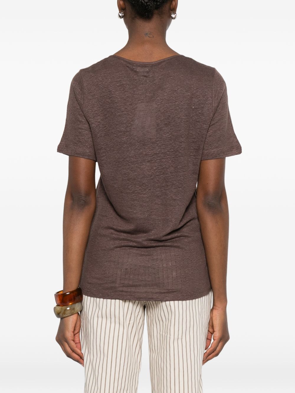 YERSE T-shirt Dunas a maniche corte in lino marrone con scollo a V