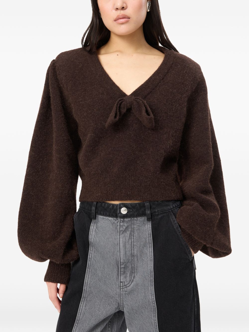 ROTATE Maglia con fiocco e scollo a V in lana bordeaux