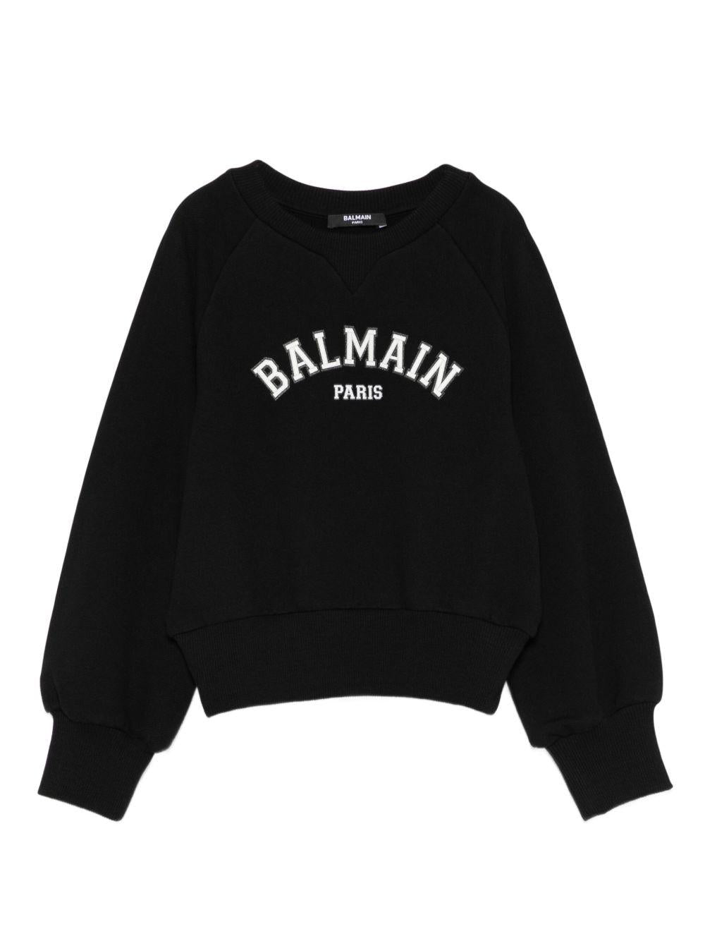 BALMAIN Felpa in cotone nero con logo