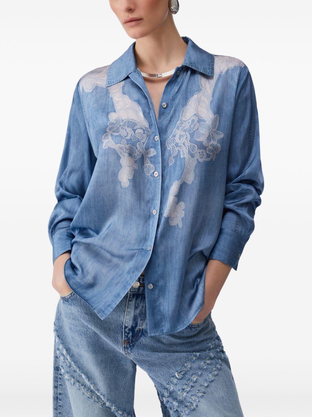 LIUJO Camicia blu con stampa grafica floreale bianca