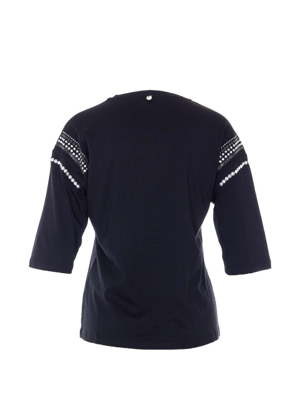 LIUJO T-shirt in cotone nero a maniche corte con decorazioni sulle maniche