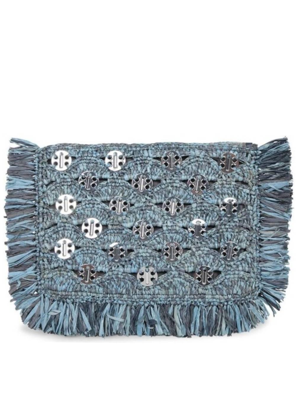 RABANNE Clutch bag in raffia blue denim e frange