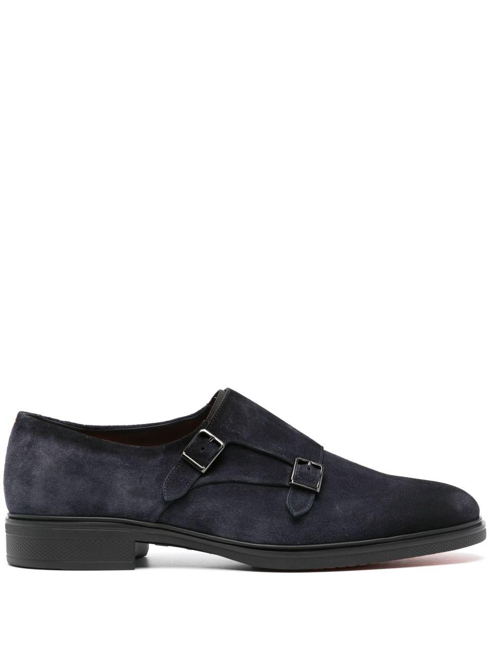 SANTONI Mocassini in suede blu con fibie