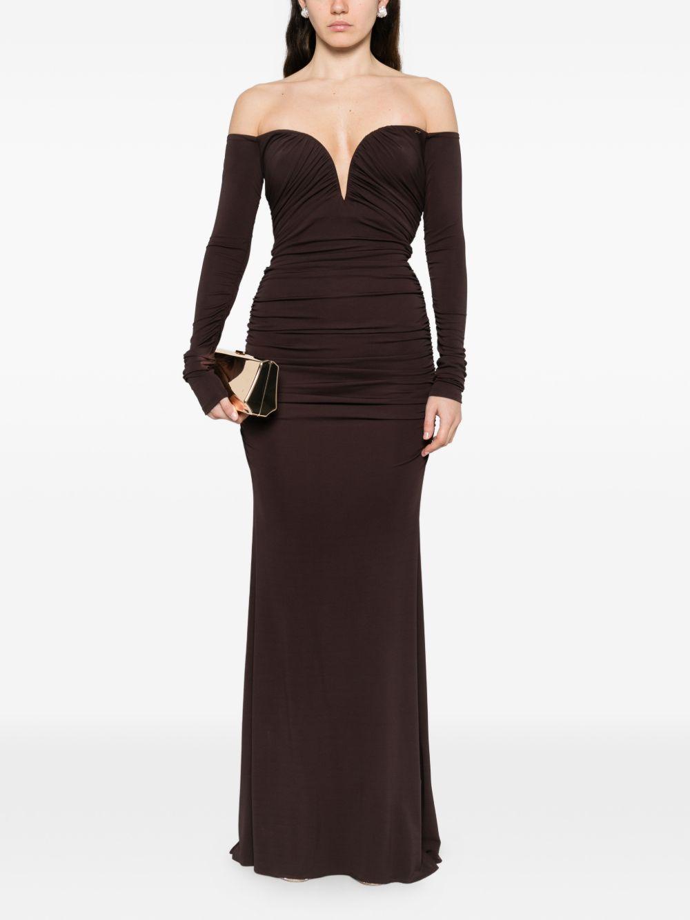 ELISABETTA FRANCHI Abito lungo marrone con scollo a cuore e dettagli arricciati