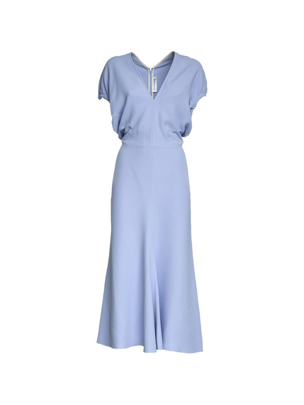 VICTORIA BECKHAM Abito midi azzurro con scollo a V a maniche corte