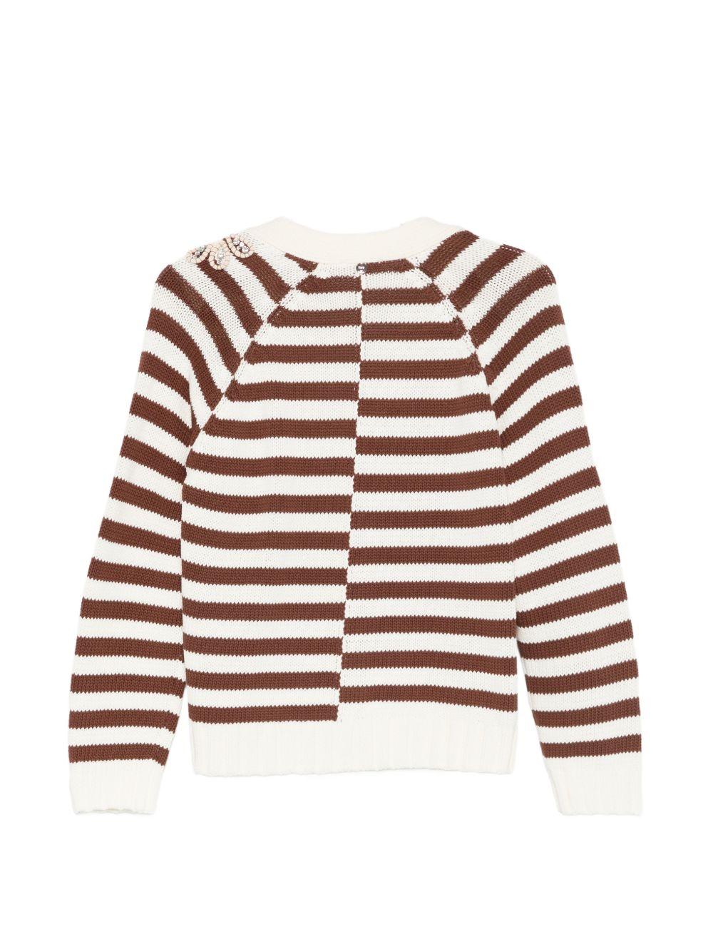 LIUJO Cardigan bianco a righe marroni con ricami e perline