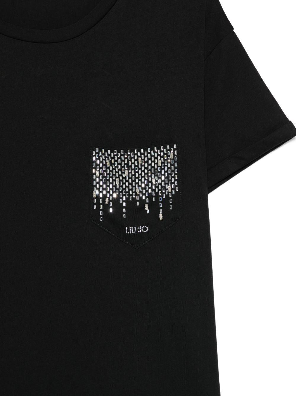 LIUJO T-shirt nera con logo e strass argentati sul petto