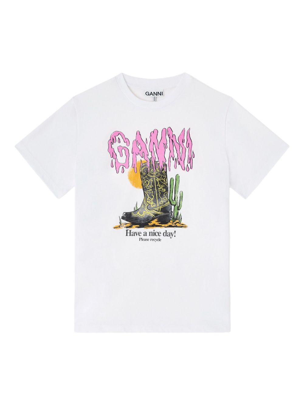 GANNI T-shirt bianca con stampa stivale