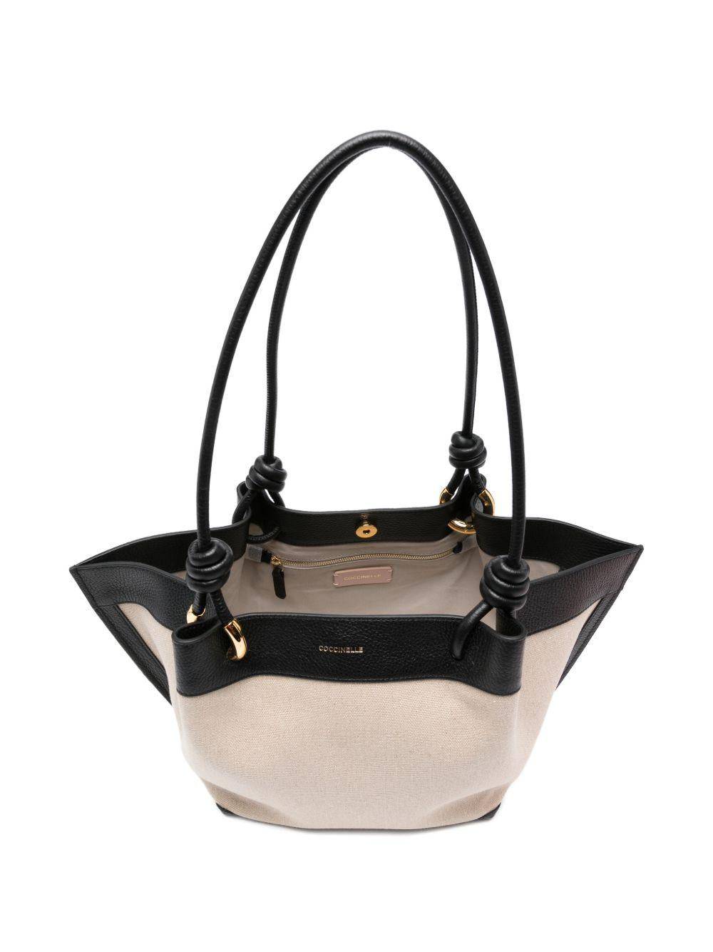 COCCINELLE Borsa a spalla in lino ed ecopelle nera