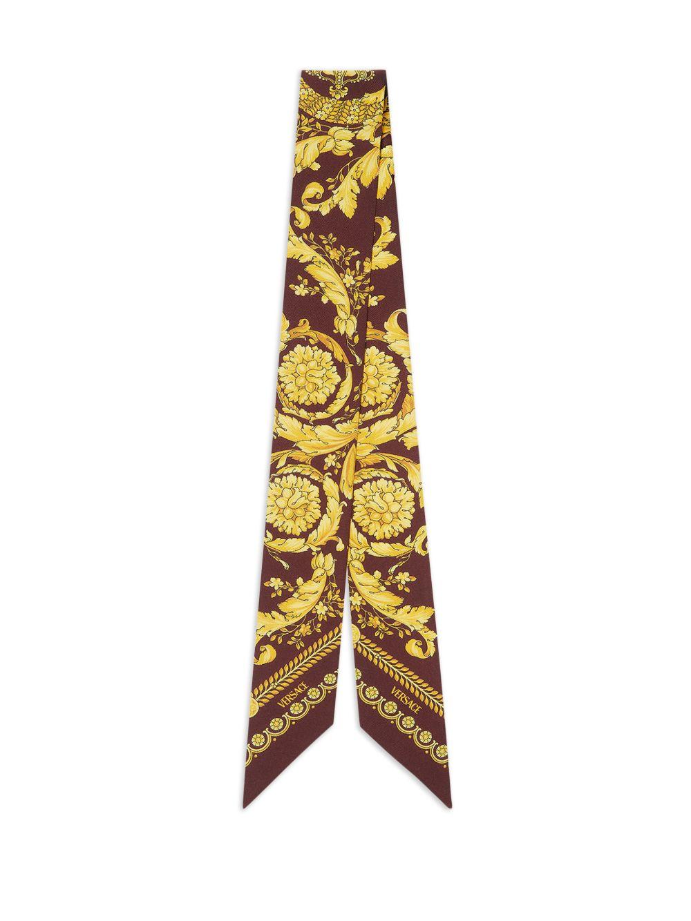 VERSACE Foulard in seta con stampa Barocca bordeaux e oro