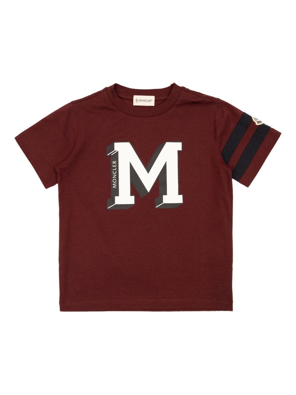MONCLER T-shirt in cotone bordeaux con logo stampato