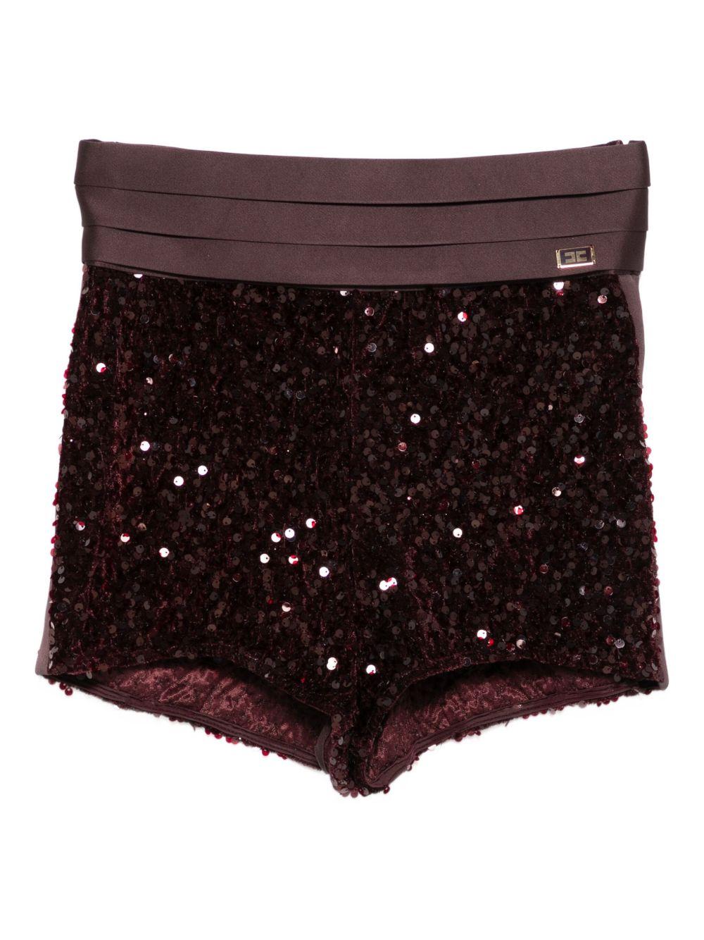 ELISABETTA FRANCHI Shorts in paillettes bordeax con fascia in raso