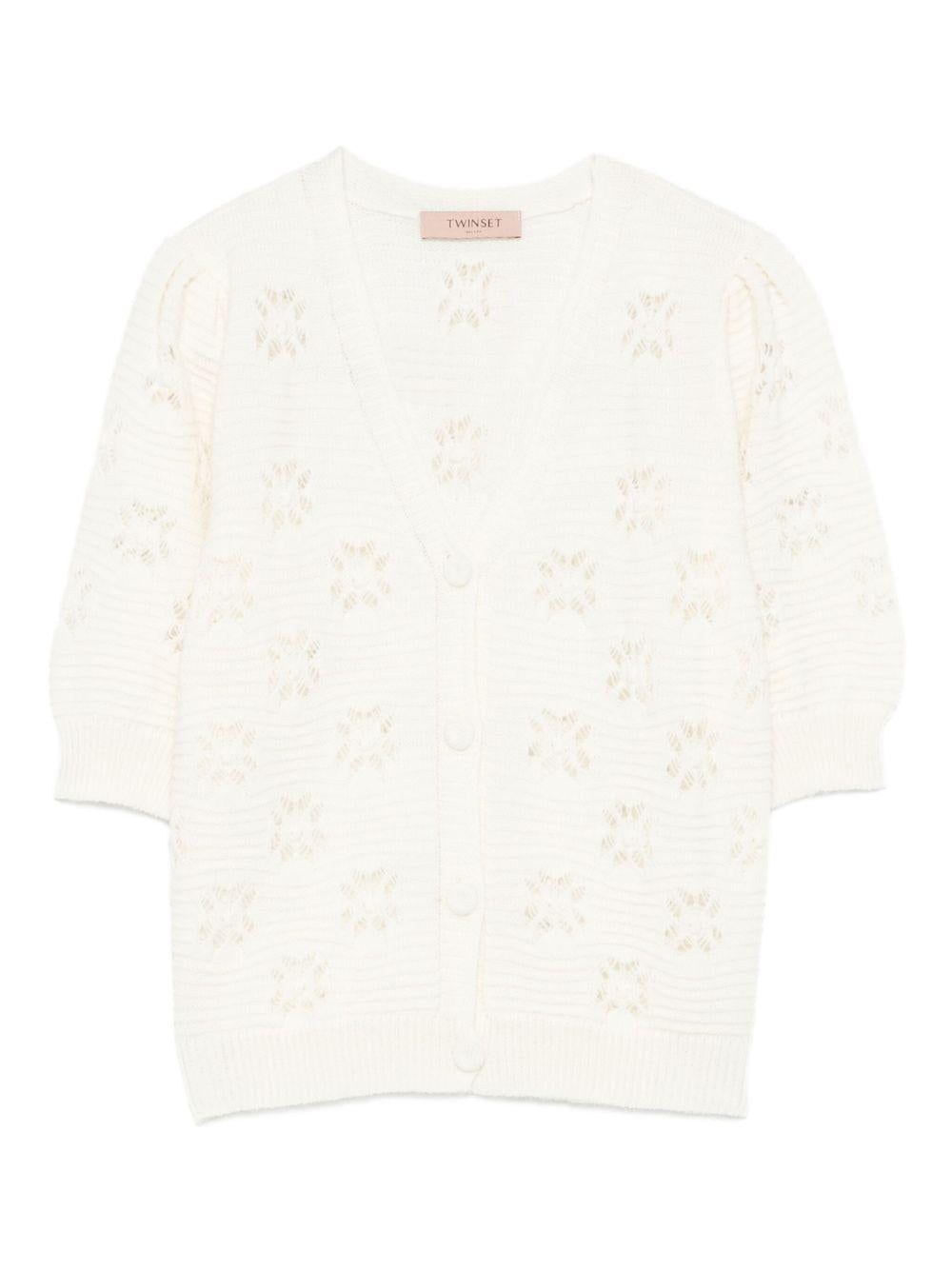 TWINSET Maglione bianco con motivo floreale a lavorazione aperta