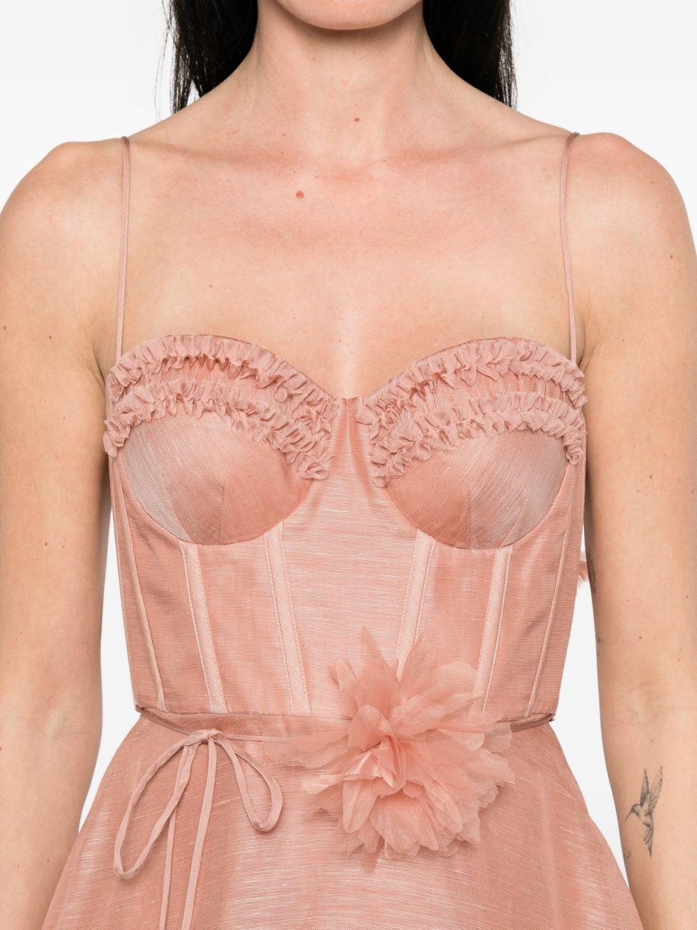 ZIMMERMANN Abito midi rosa in lino misto seta con corpetto a bustino