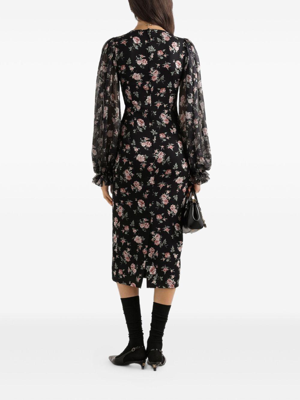 DOLCE e GABBANA Abito midi nero aderente con stampa floreale