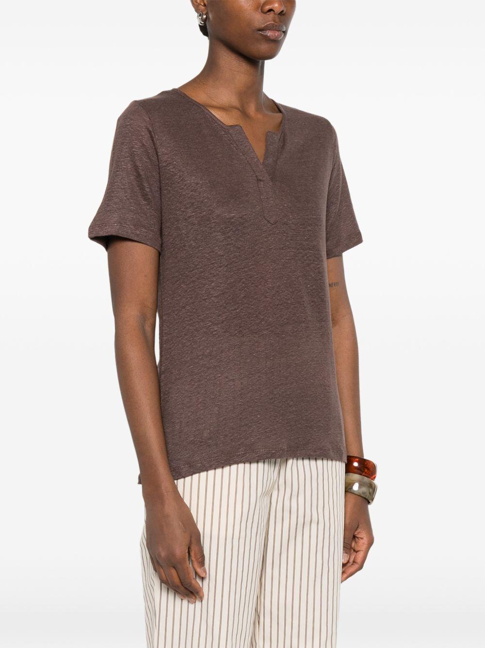 YERSE T-shirt Dunas a maniche corte in lino marrone con scollo a V