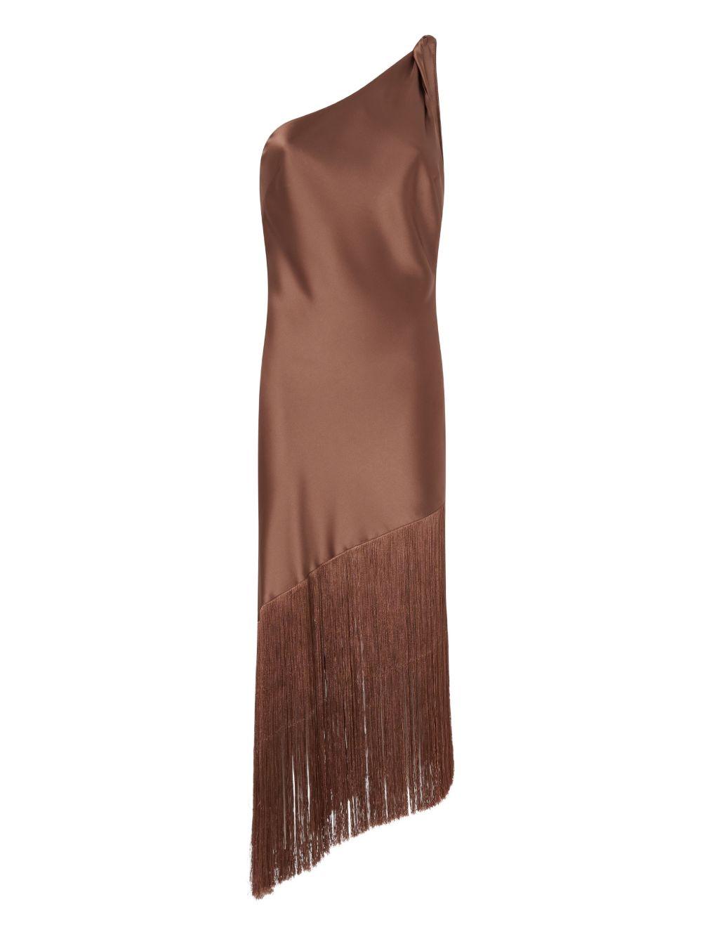 PINKO Abito midi Kiwi marrone con frange monospalla